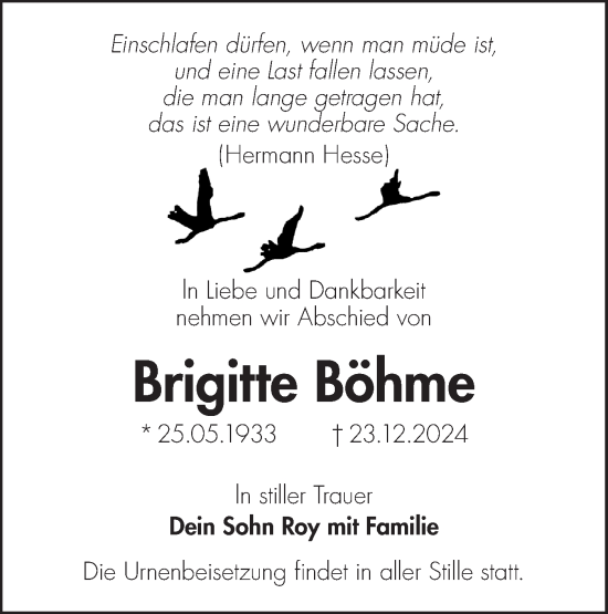 Traueranzeige von Brigitte Böhme von Lausitzer Rundschau