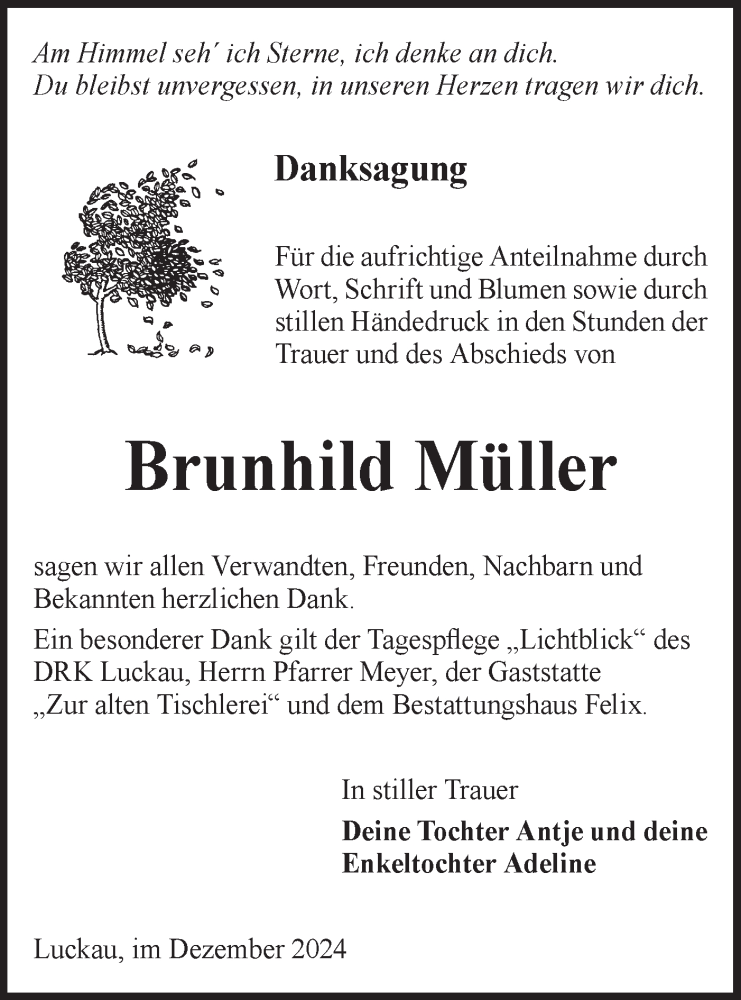  Traueranzeige für Brunhild Müller vom 11.01.2025 aus Lausitzer Rundschau