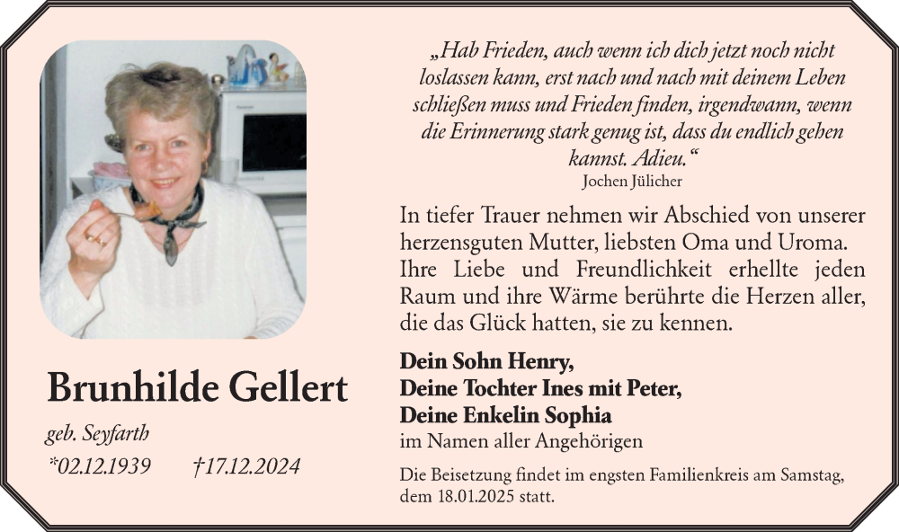  Traueranzeige für Brunhilde Gellert vom 04.01.2025 aus Lausitzer Rundschau