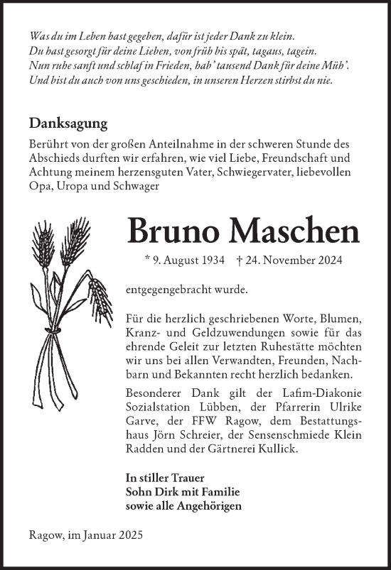 Traueranzeige von Bruno Maschen von Lausitzer Rundschau