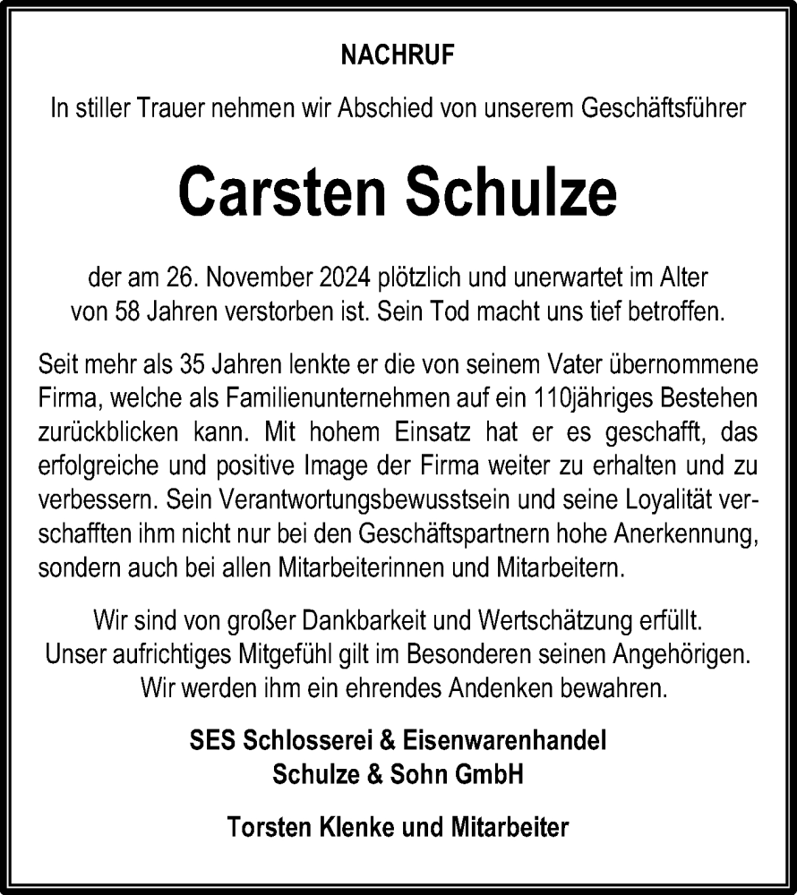  Traueranzeige für Carsten Schulze vom 25.01.2025 aus Lausitzer Rundschau