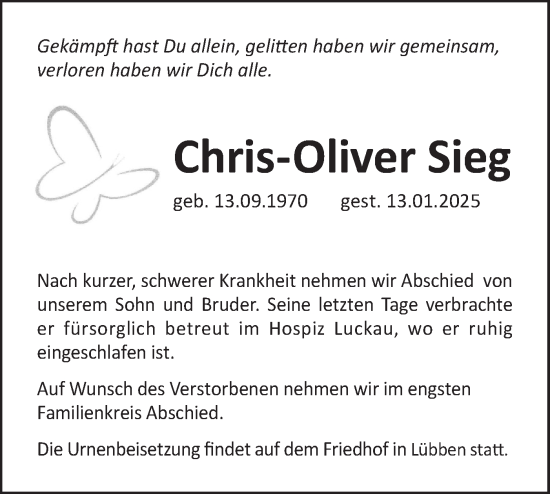 Traueranzeige von Chris-Oliver Sieg von Lausitzer Rundschau
