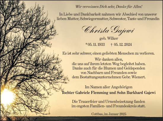 Traueranzeige von Christa Gajewi von Lausitzer Rundschau