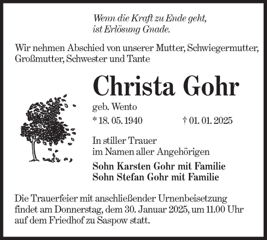 Traueranzeige von Christa Gohr von Lausitzer Rundschau