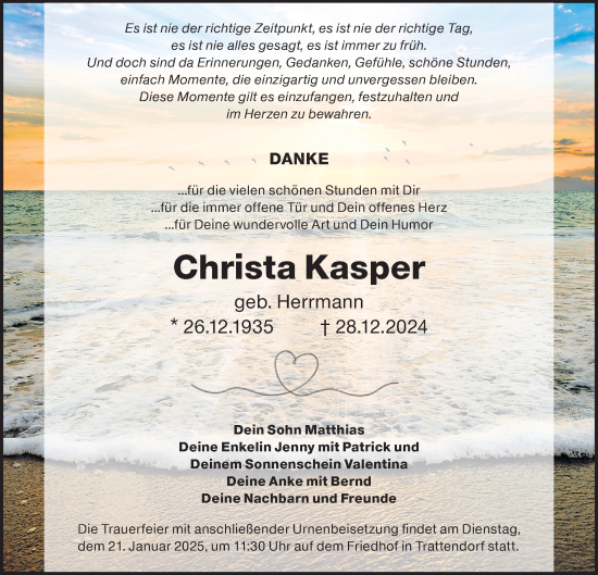 Traueranzeige von Christa Kasper von Lausitzer Rundschau