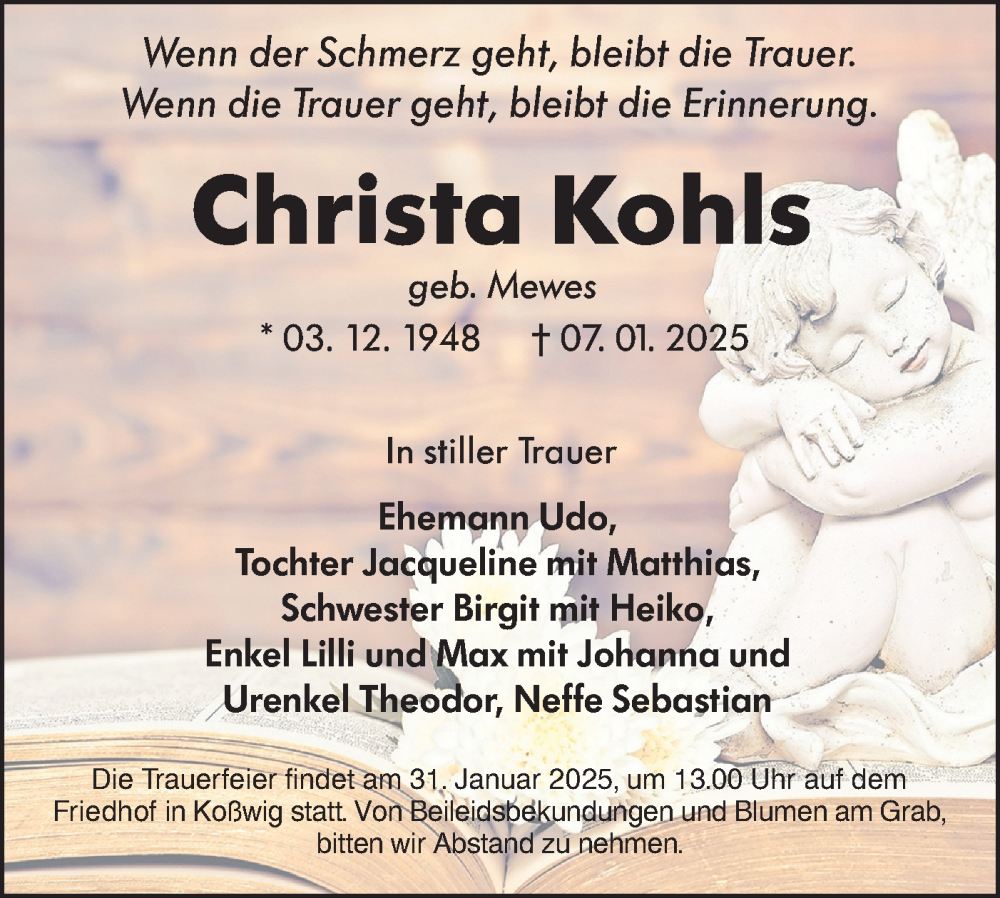  Traueranzeige für Christa Kohls vom 18.01.2025 aus Lausitzer Rundschau