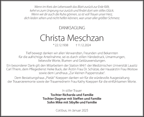 Traueranzeige von Christa Meschzan von Lausitzer Rundschau