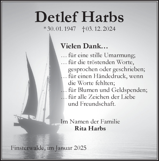 Traueranzeige von Detlef Harbs von Lausitzer Rundschau