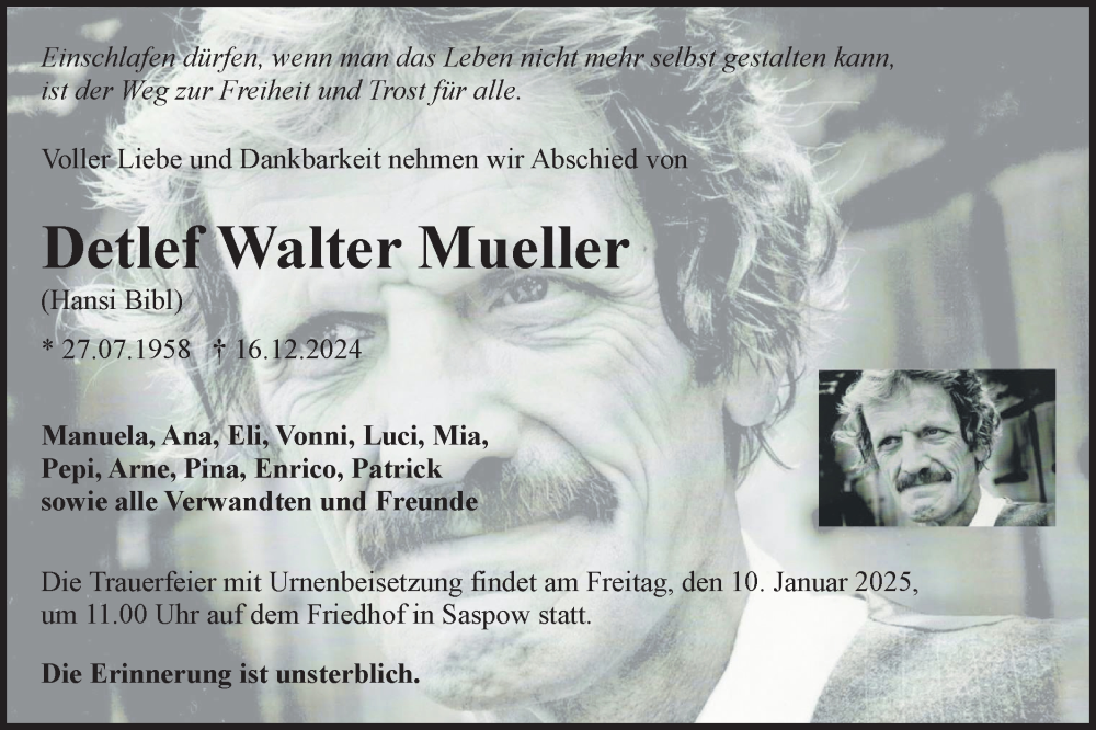  Traueranzeige für Detlef Walter Mueller vom 04.01.2025 aus Lausitzer Rundschau