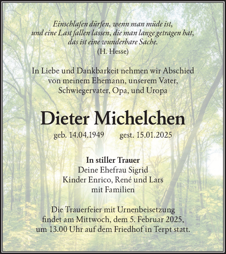  Traueranzeige für Dieter Michelchen vom 25.01.2025 aus Lausitzer Rundschau