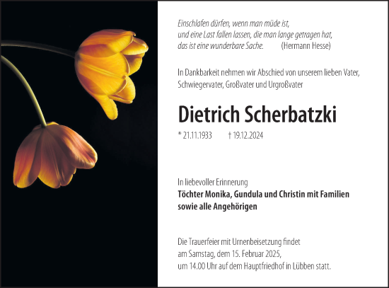 Traueranzeige von Dietrich Scherbatzki von Lausitzer Rundschau