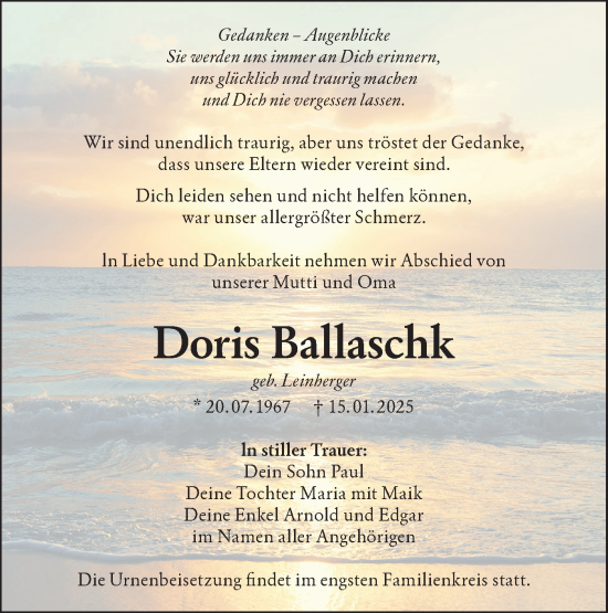 Traueranzeige von Doris Ballaschk von Lausitzer Rundschau
