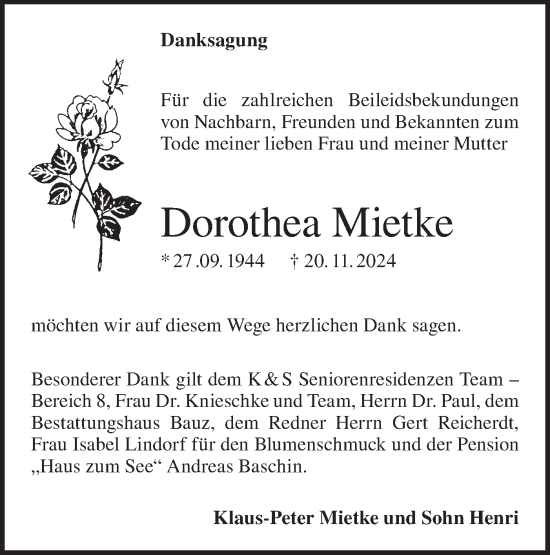 Traueranzeige von Dorothea Mietke von Lausitzer Rundschau
