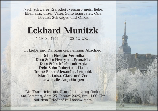 Traueranzeige von Eckhard Munitzk von Lausitzer Rundschau