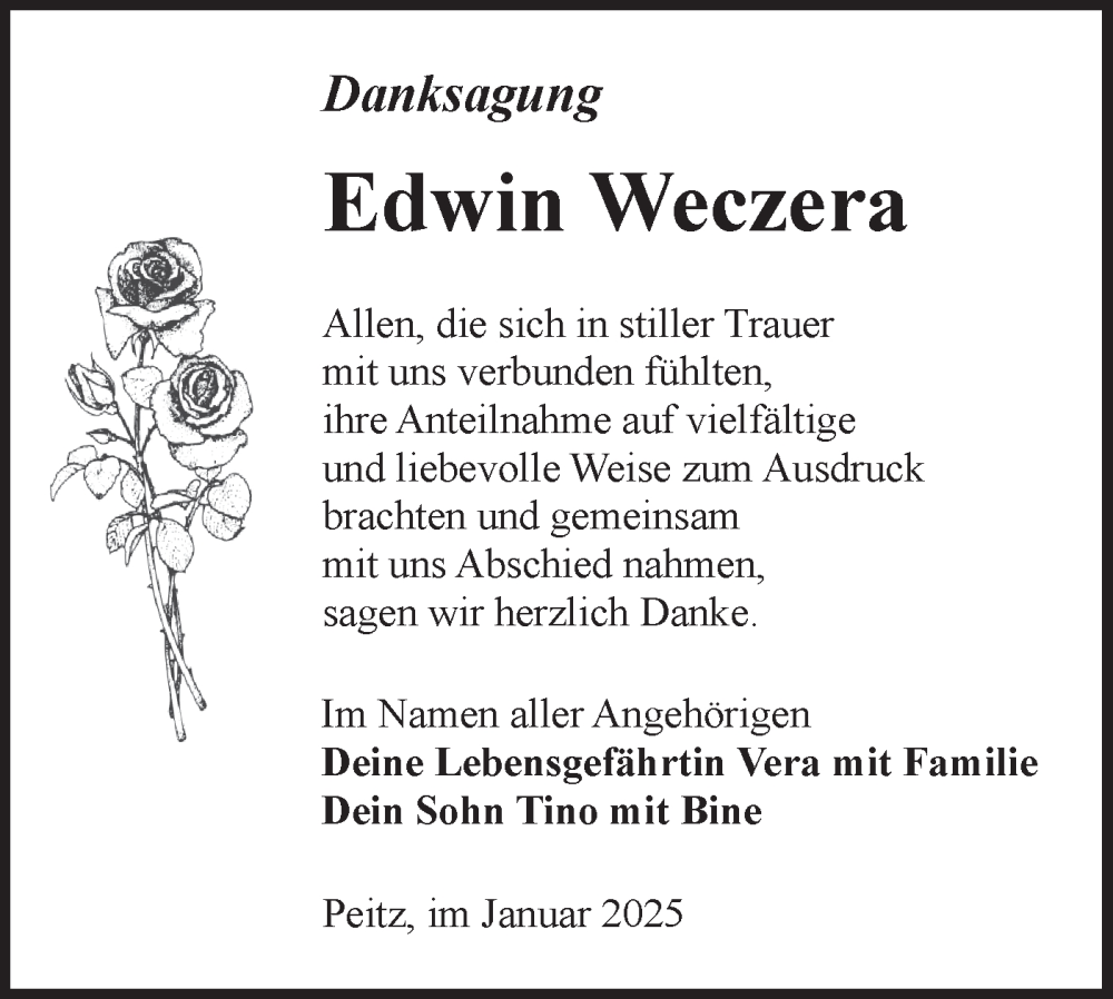  Traueranzeige für Edwin Weczera vom 11.01.2025 aus Lausitzer Rundschau