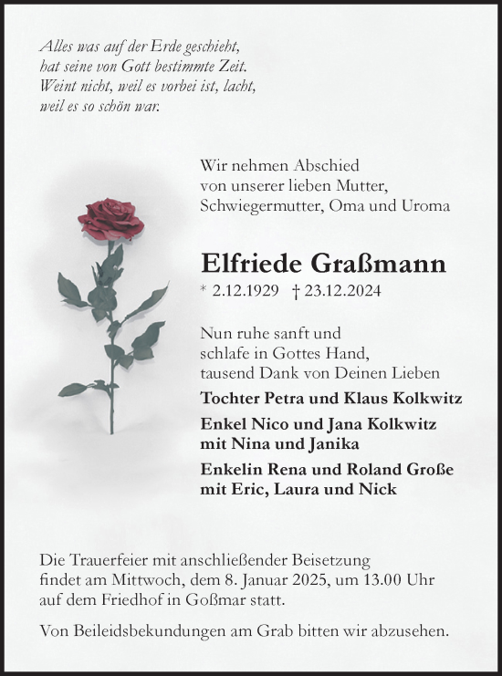 Traueranzeige von Elfriede Graßmann von Lausitzer Rundschau