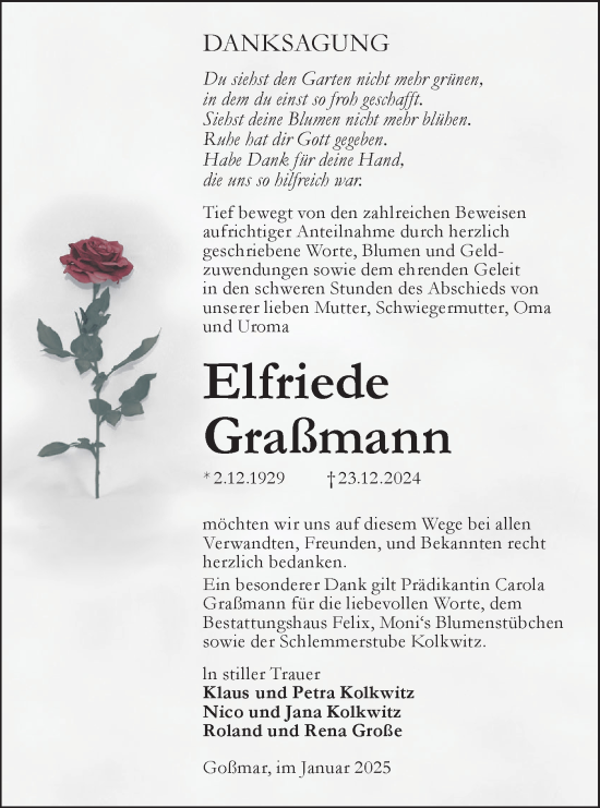 Traueranzeige von Elfriede Graßmann von Lausitzer Rundschau