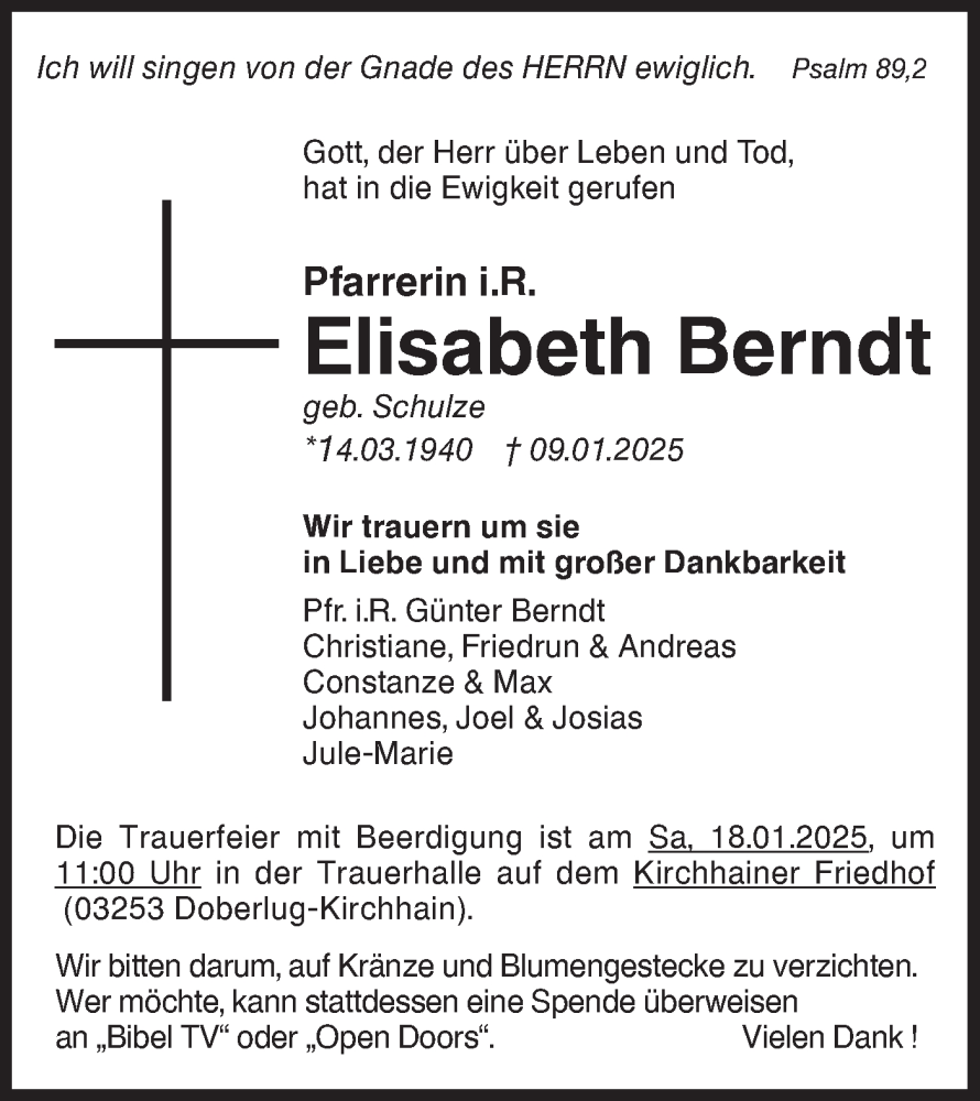  Traueranzeige für Elisabeth Berndt vom 14.01.2025 aus Lausitzer Rundschau