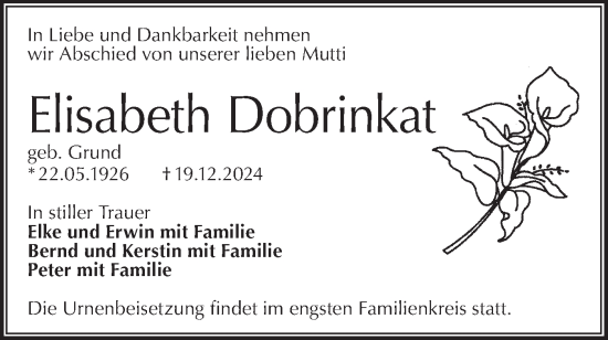 Traueranzeige von Elisabeth Dobrinkat von Lausitzer Rundschau