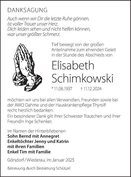 Traueranzeige von Elisabeth Schimkowski von Lausitzer Rundschau