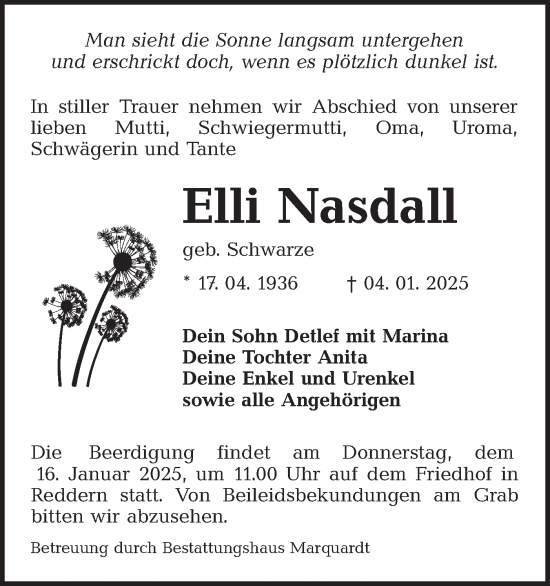 Traueranzeige von Elli Nasdall von Lausitzer Rundschau