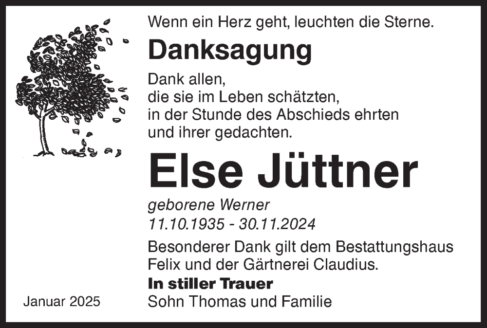  Traueranzeige für Else Jüttner vom 18.01.2025 aus Lausitzer Rundschau