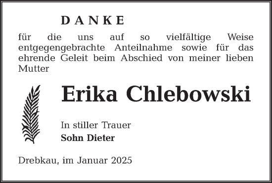 Traueranzeige von Erika Chlebowski von Lausitzer Rundschau