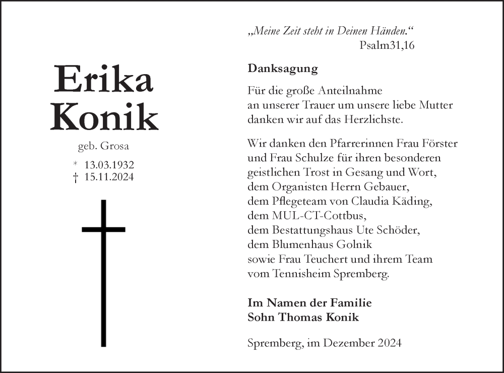  Traueranzeige für Erika Konik vom 04.01.2025 aus Lausitzer Rundschau