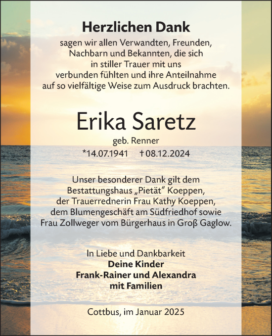 Traueranzeige von Erika Saretz von Lausitzer Rundschau