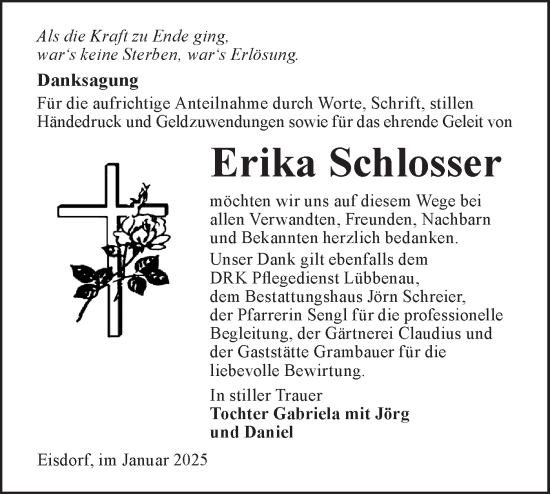 Traueranzeige von Erika Schlosser von Lausitzer Rundschau
