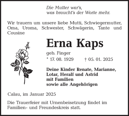 Traueranzeige von Erna Kaps von Lausitzer Rundschau