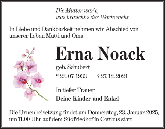 Traueranzeige von Erna Noack von Lausitzer Rundschau