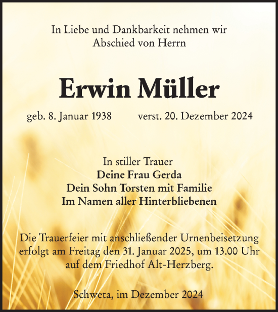 Traueranzeige von Erwin Müller von Lausitzer Rundschau