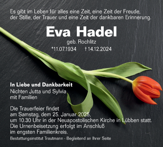 Traueranzeige von Eva Hadel von Lausitzer Rundschau