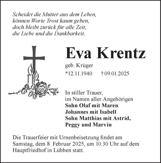Traueranzeige von Eva Krentz von Lausitzer Rundschau