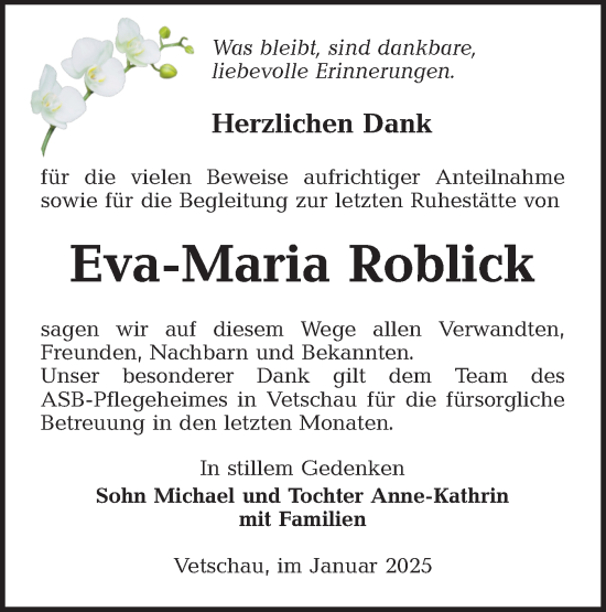 Traueranzeige von Eva-Maria Roblick von Lausitzer Rundschau