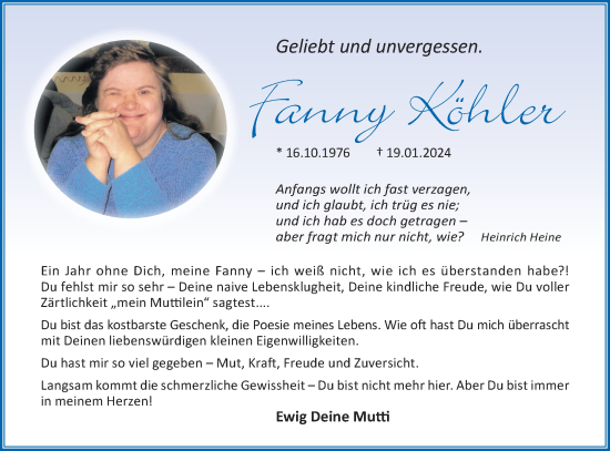 Traueranzeige von Fanny Köhler von Lausitzer Rundschau