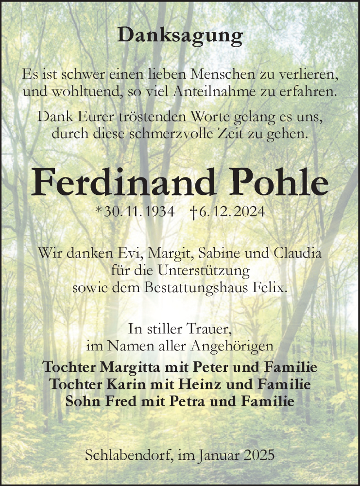  Traueranzeige für Ferdinand Pohle vom 18.01.2025 aus Lausitzer Rundschau