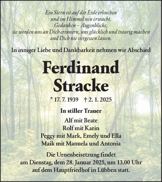 Traueranzeige von Ferdinand Stracke von Lausitzer Rundschau