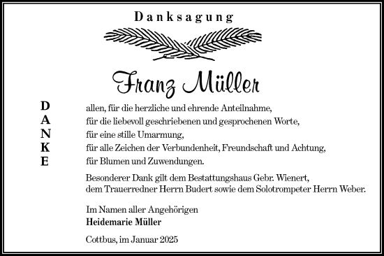 Traueranzeige von Franz Müller von Lausitzer Rundschau