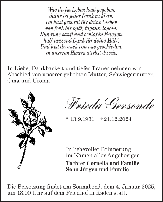 Traueranzeige von Frieda Gersonde von Lausitzer Rundschau