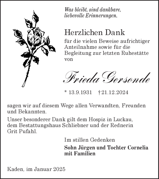 Traueranzeige von Frieda Gersonde von Lausitzer Rundschau