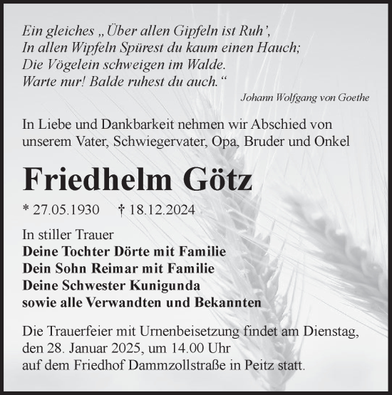 Traueranzeige von Friedhelm Götz von Lausitzer Rundschau