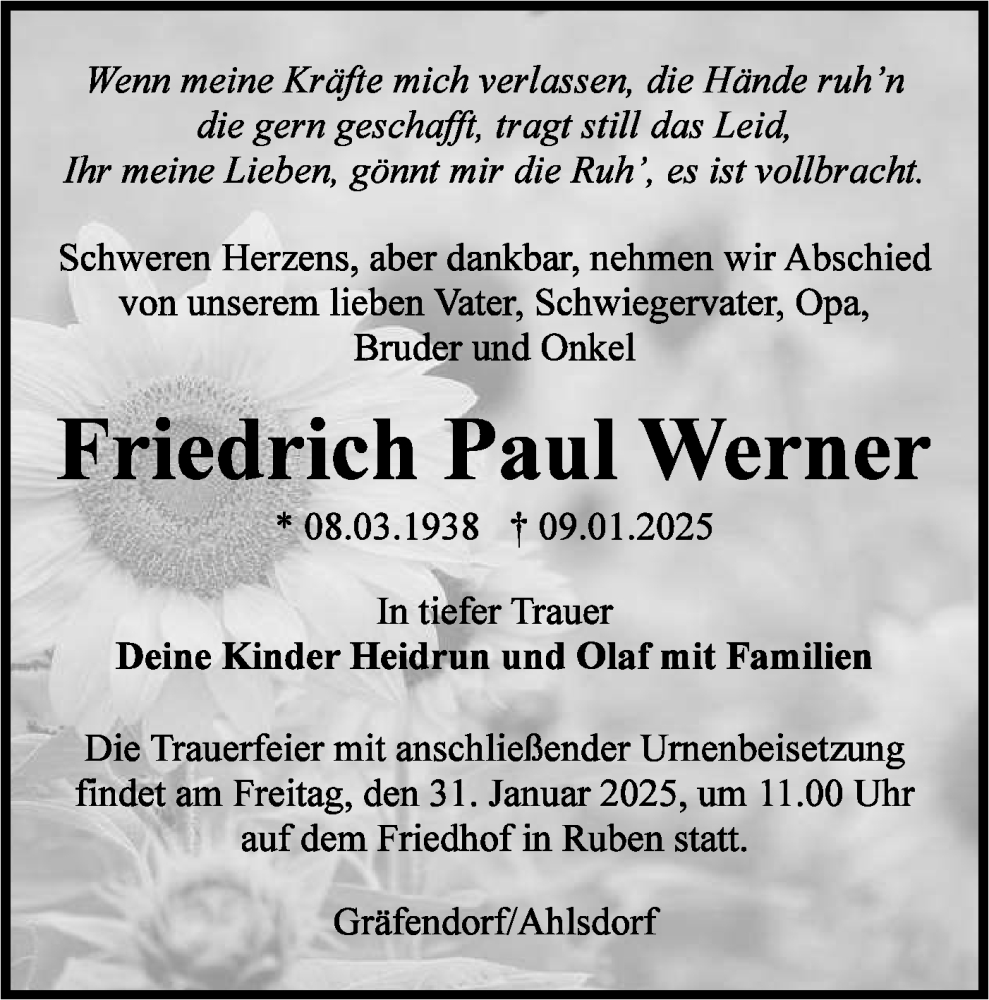  Traueranzeige für Friedrich Paul Werner vom 15.01.2025 aus Lausitzer Rundschau