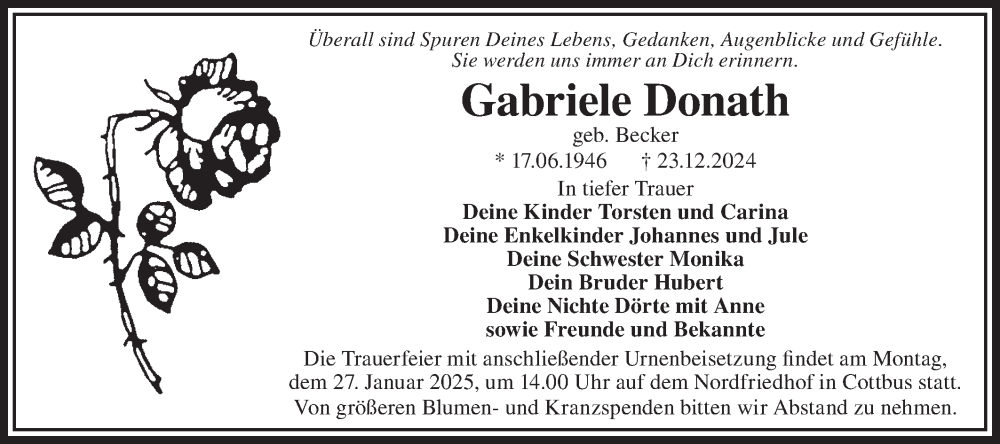  Traueranzeige für Gabriele Donath vom 15.01.2025 aus Lausitzer Rundschau
