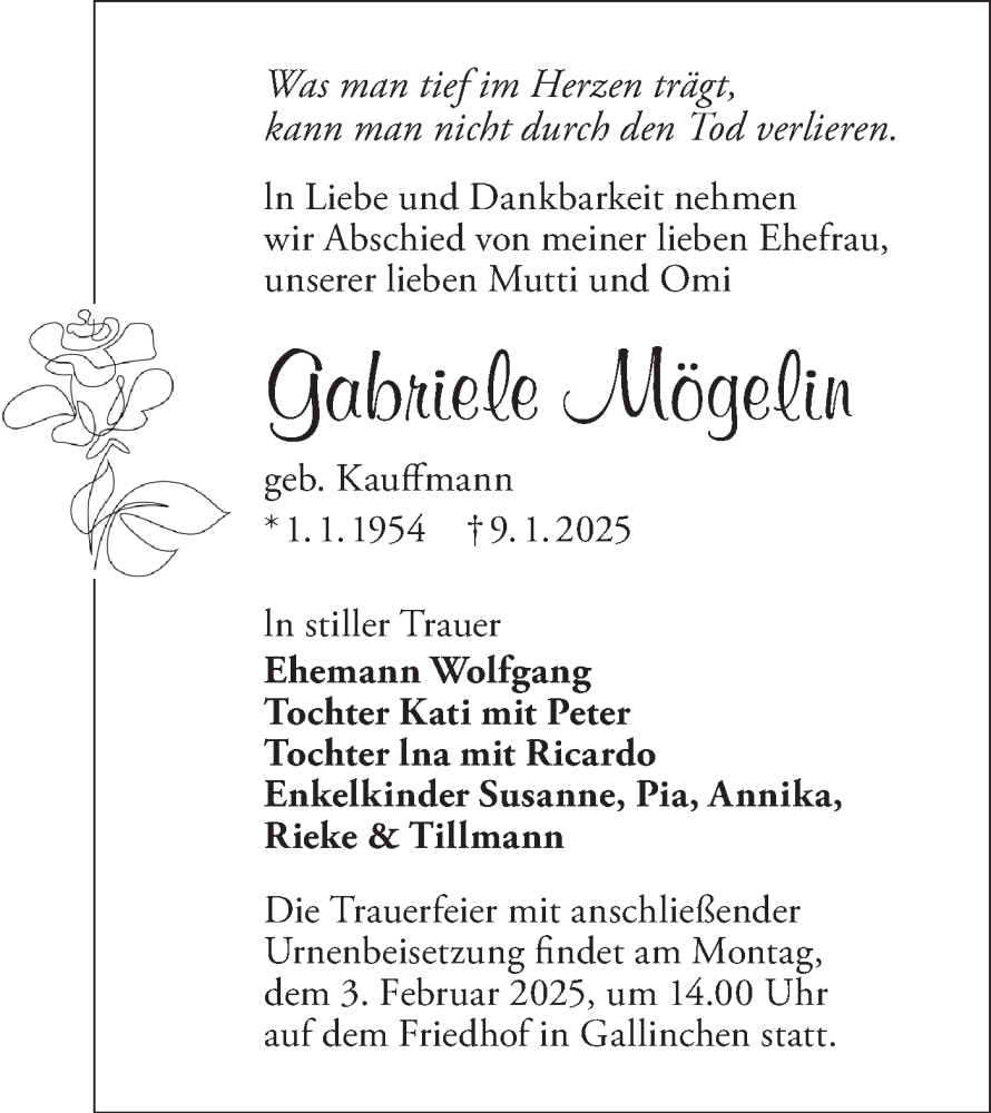  Traueranzeige für Gabriele Mögelin vom 18.01.2025 aus Lausitzer Rundschau