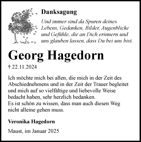 Traueranzeige von Georg Hagedorn von Lausitzer Rundschau
