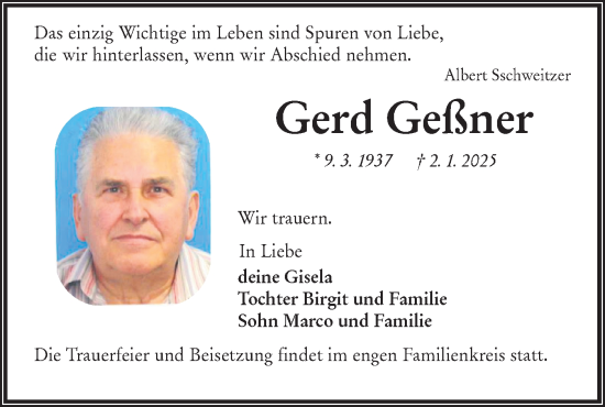 Traueranzeige von Gerd Geßner von Lausitzer Rundschau