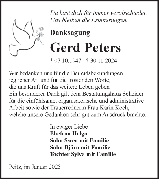 Traueranzeige von Gerd Peters von Lausitzer Rundschau
