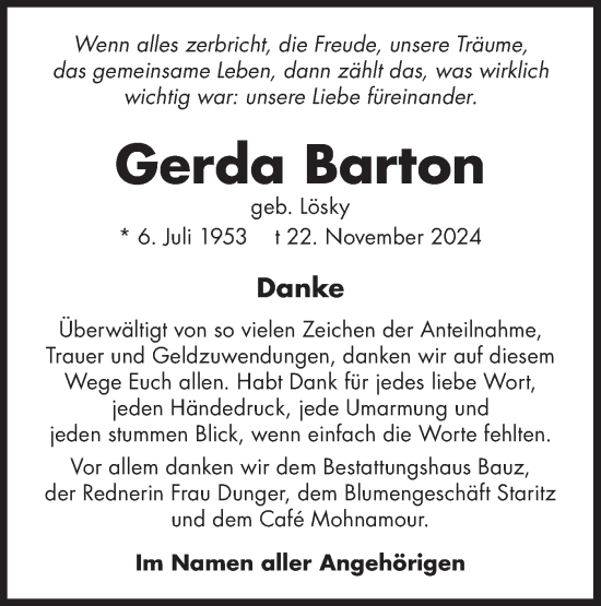 Traueranzeige von Gerda Barton von Lausitzer Rundschau